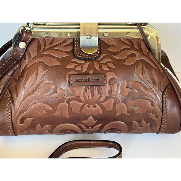 Gianni Conti Genuine Italian Leather Bag Doctor's Metal Frame Floral Design - Picture 3 of 14